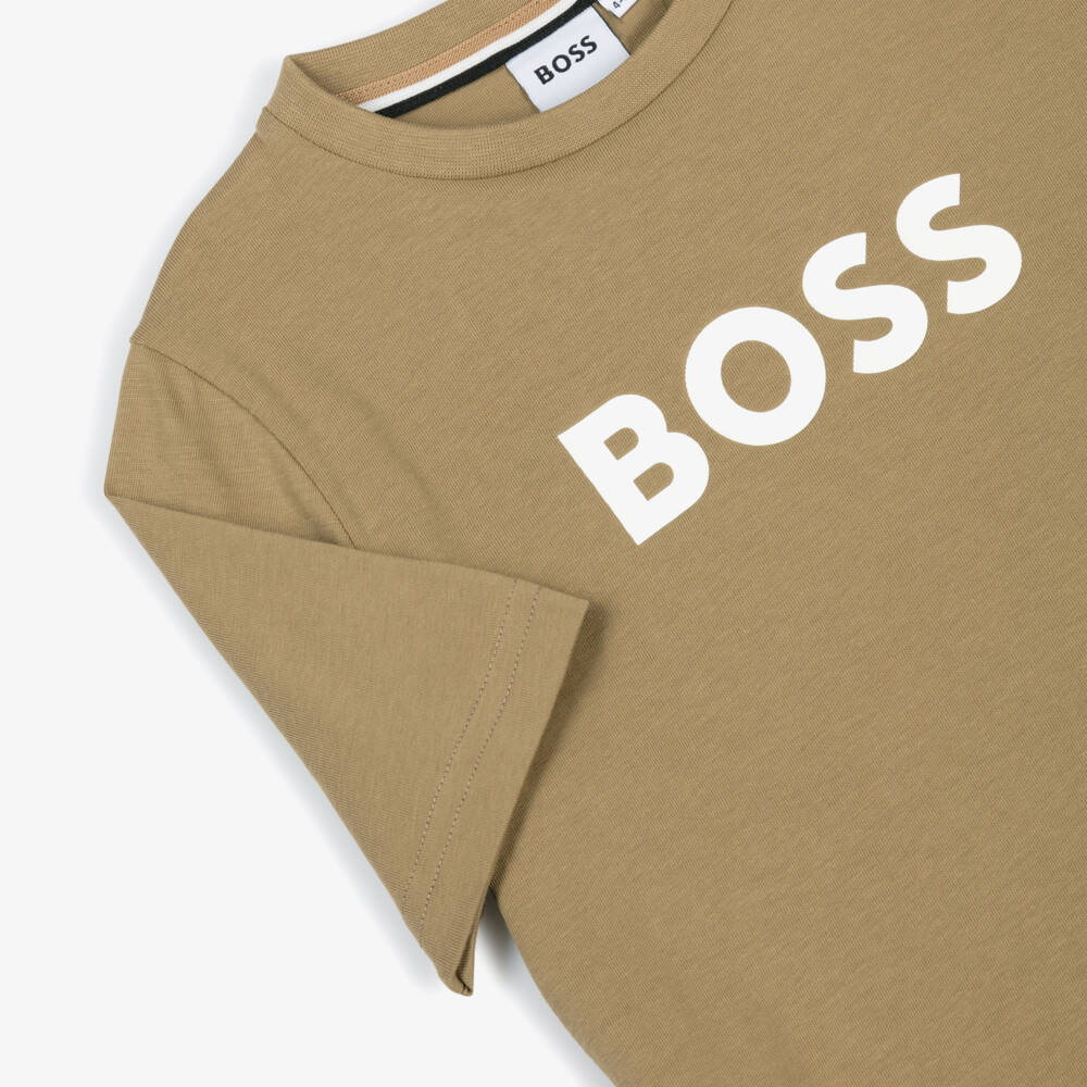 BOSS-Boys Beige Cotton Crew Neck T-Shirt with Logo Print | Childrensalon