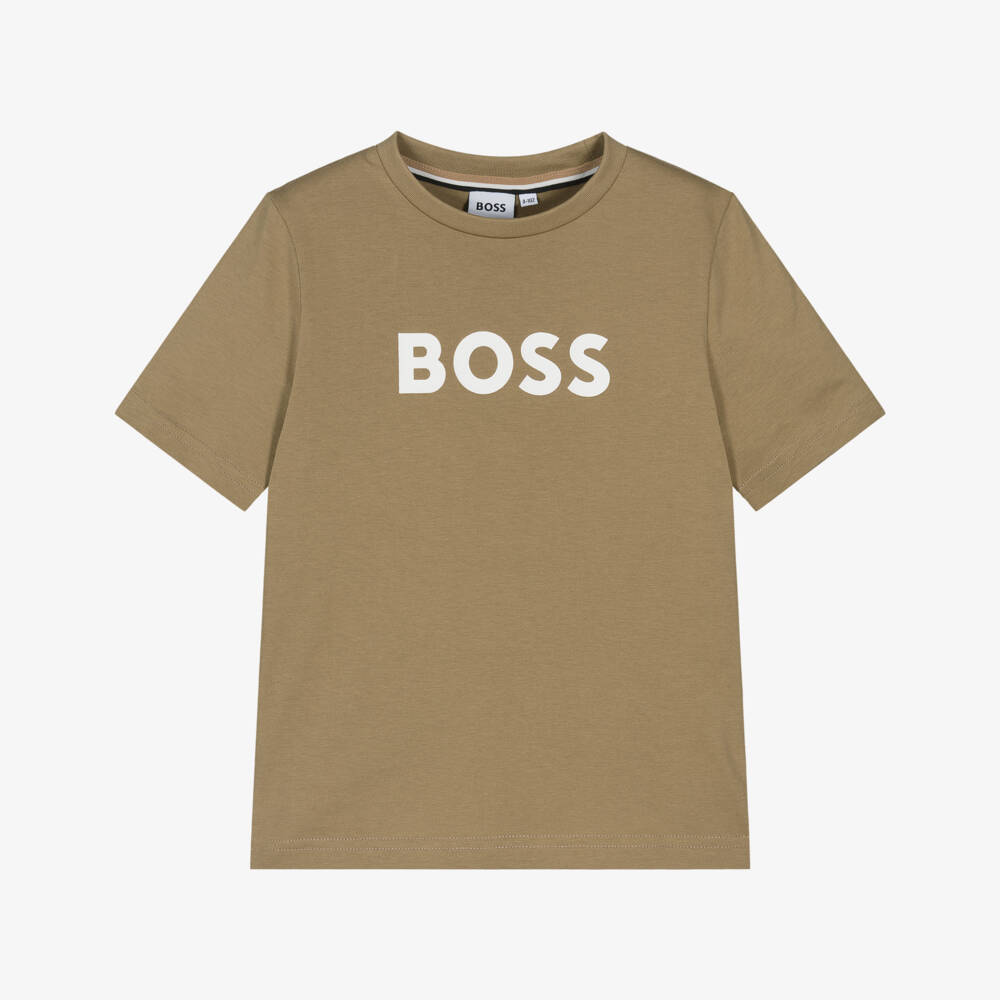 BOSS-Boys Beige Cotton Crew Neck T-Shirt with Logo Print | Childrensalon