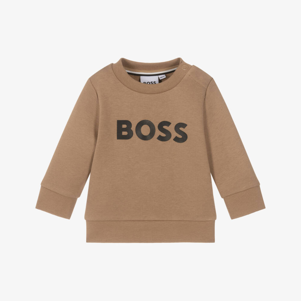 BOSS-Boys Beige Cotton Jersey Logo Sweatshirt | Childrensalon