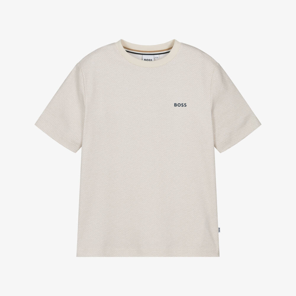BOSS-Boys Beige Cotton Jersey Monogram Logo T-Shirt | Childrensalon