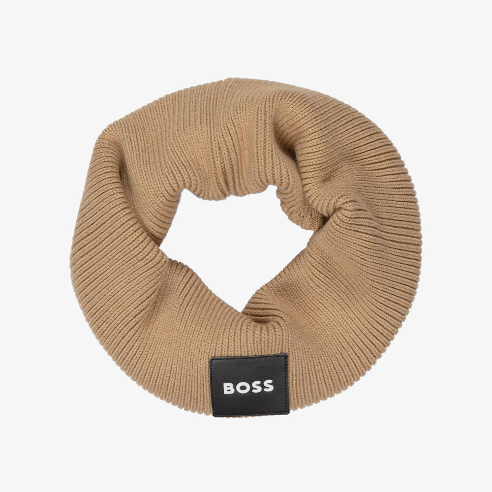 BOSS-Boys Beige Cotton Knit Snood with Logo Patch | Childrensalon