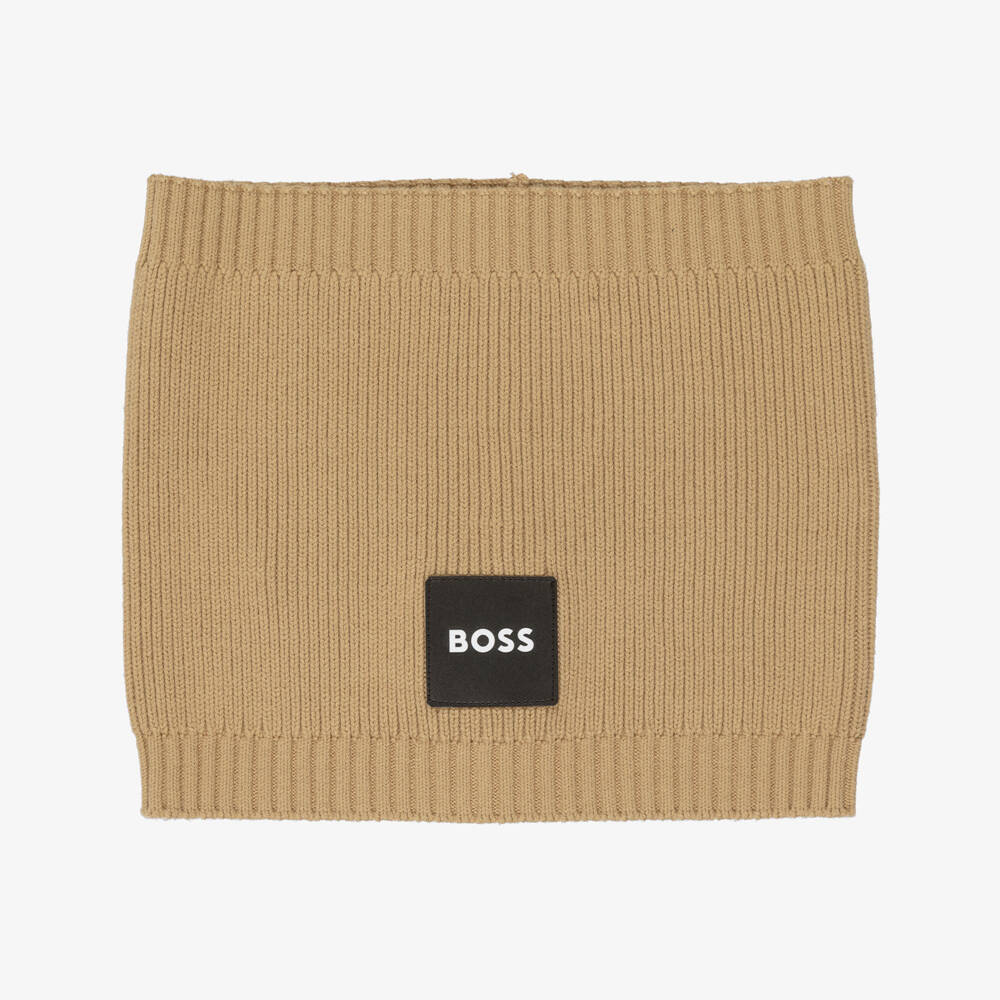 BOSS-Boys Beige Cotton Knit Snood with Logo Patch | Childrensalon