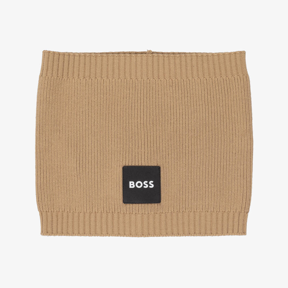 BOSS-Boys Beige Cotton Knit Snood with Logo Patch | Childrensalon