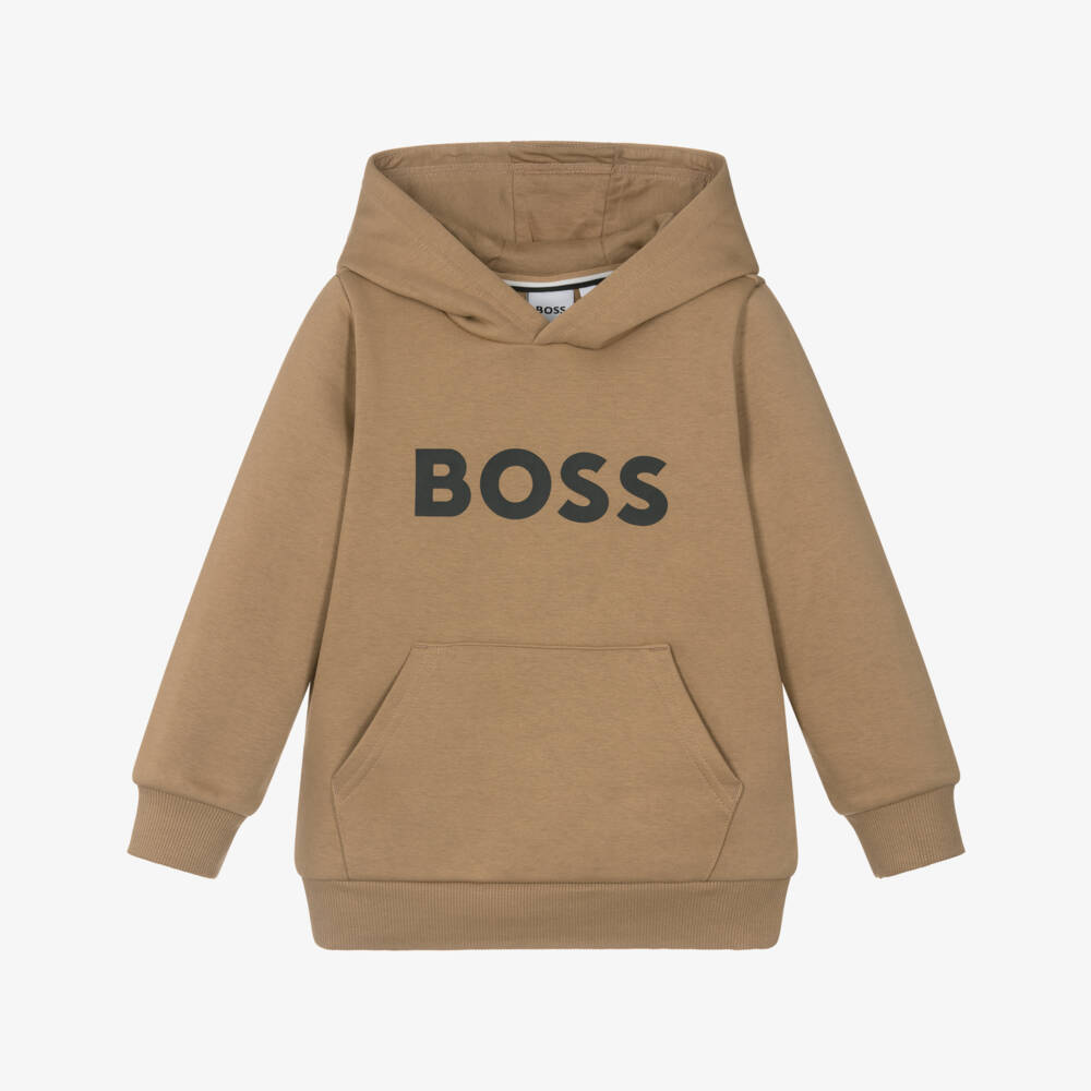 BOSS-Boys Beige Cotton Logo Print Hoodie | Childrensalon