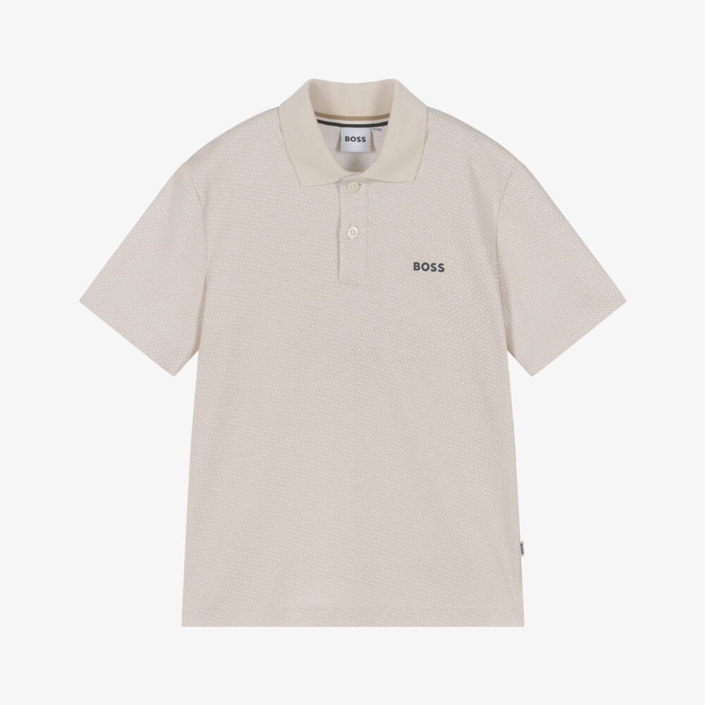 BOSS-Boys Beige Cotton Polo Shirt with Monogram Print | Childrensalon