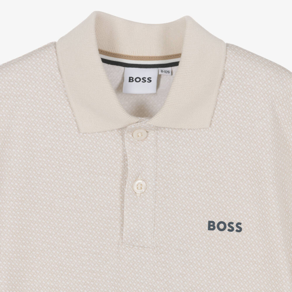 BOSS-Boys Beige Cotton Polo Shirt with Monogram Print | Childrensalon