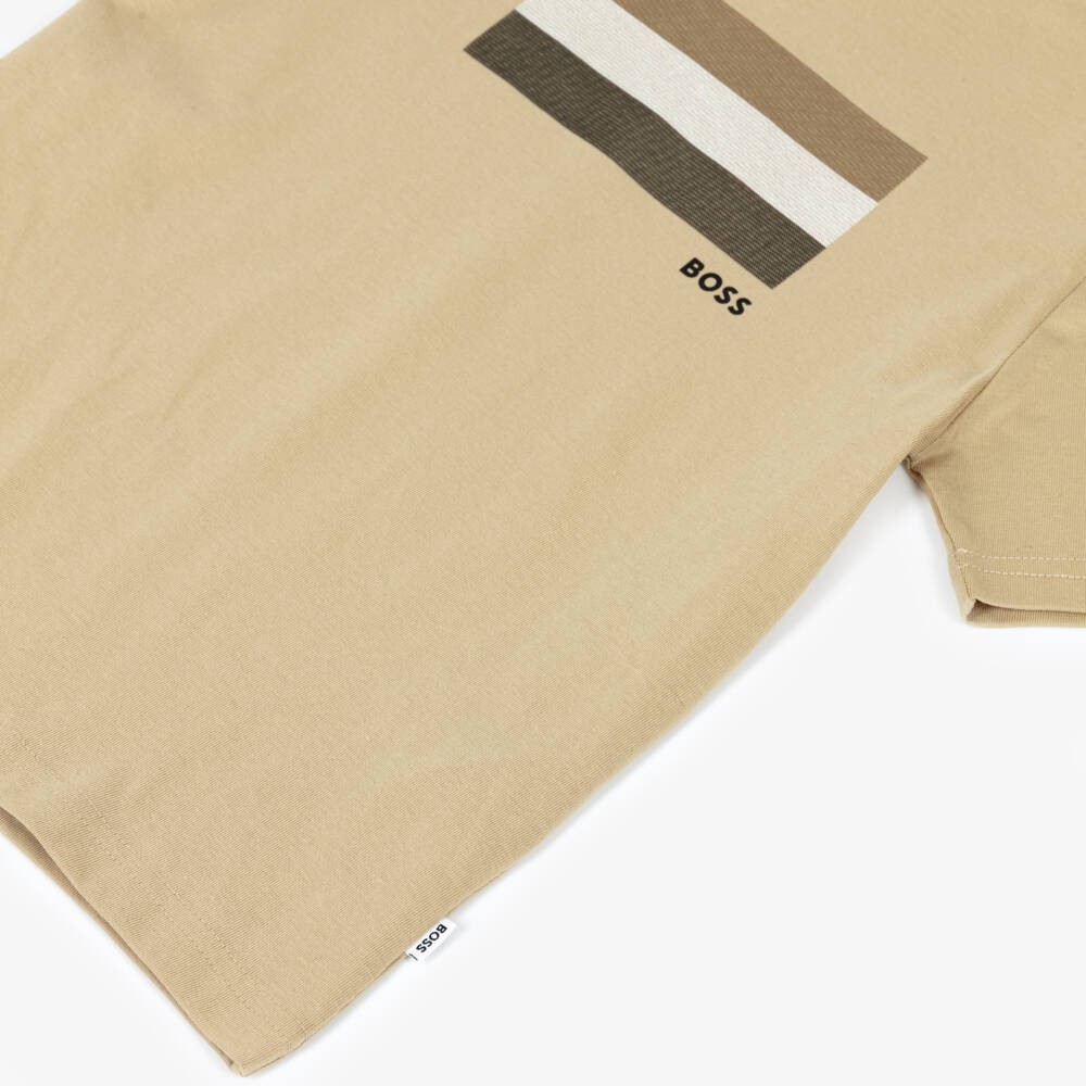 BOSS-Boys Beige Cotton T-Shirt with Tricolour Logo Print | Childrensalon