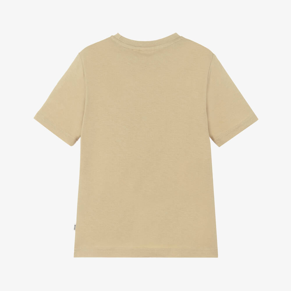 BOSS-Boys Beige Cotton T-Shirt with Tricolour Logo Print | Childrensalon