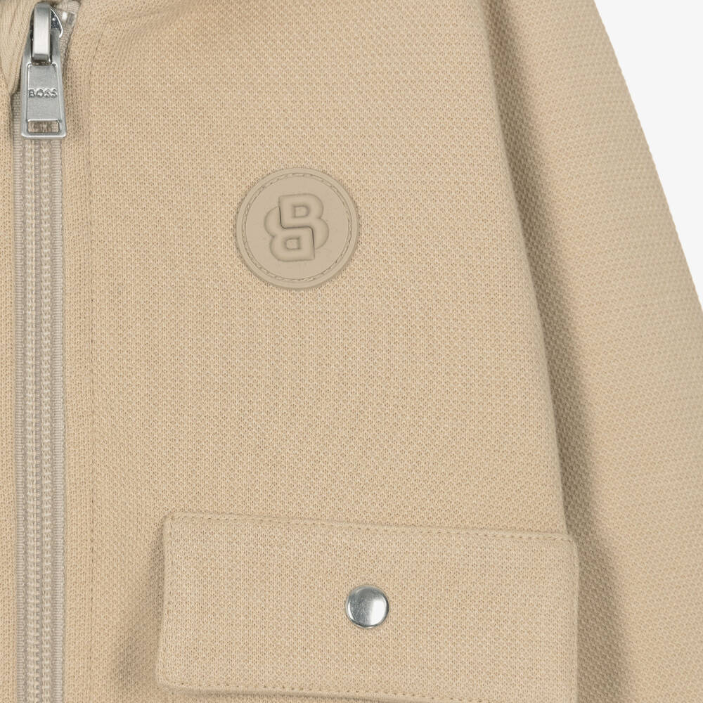 BOSS-Boys Beige Cotton Zip-Up Hooded Top | Childrensalon