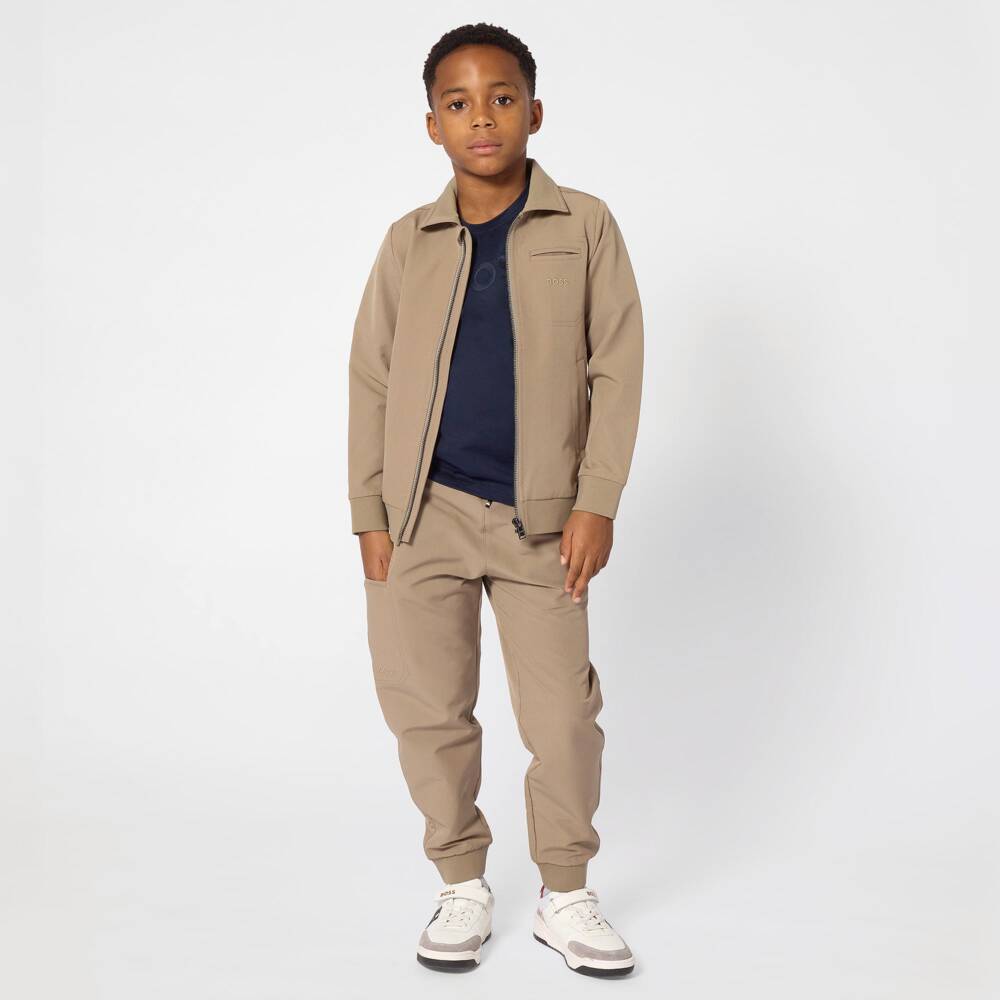 BOSS-Boys Beige Drawstring Joggers with Side Pocket | Childrensalon
