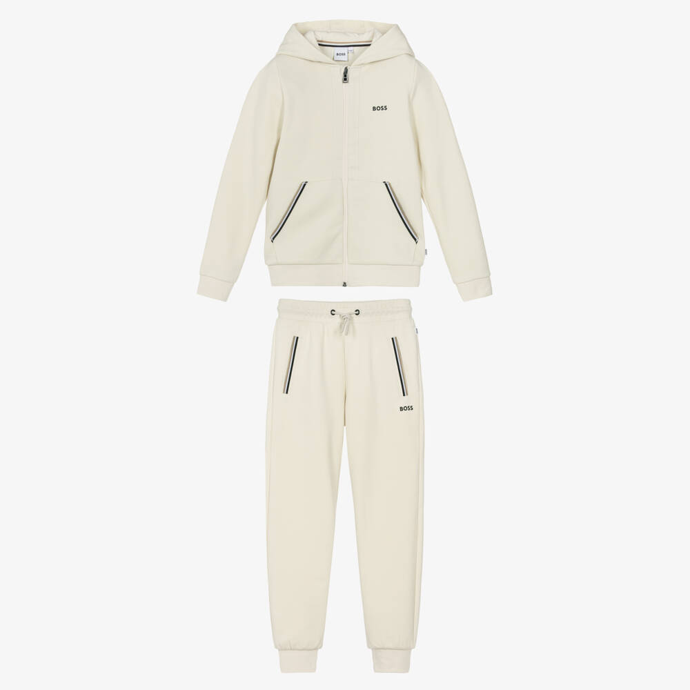 BOSS-Boys Beige Hooded Tracksuit with Signature Striped Trim | Childrensalon