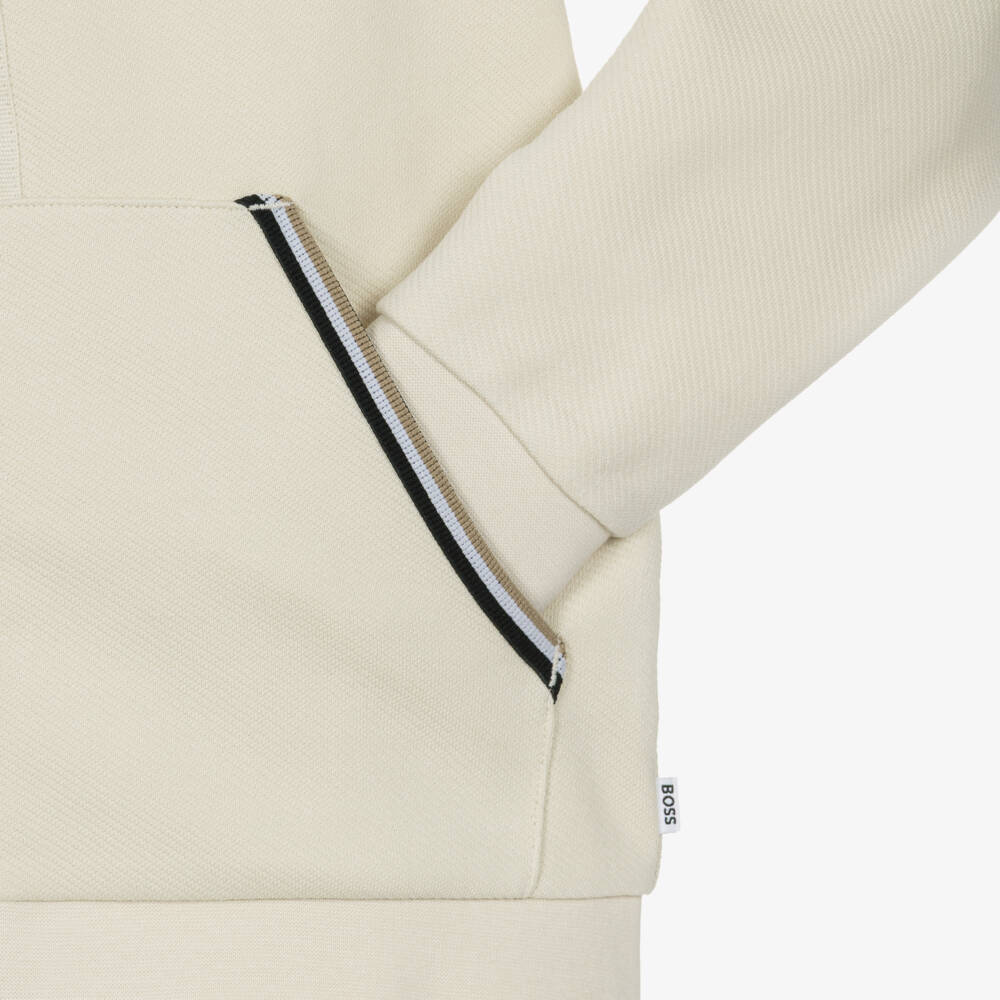 BOSS-Boys Beige Hooded Tracksuit with Signature Striped Trim | Childrensalon