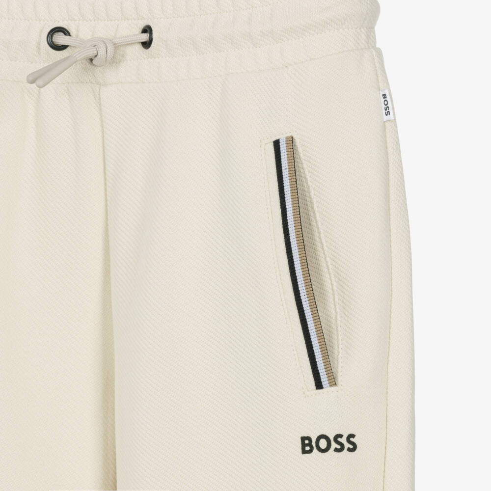 BOSS-Boys Beige Hooded Tracksuit with Signature Striped Trim | Childrensalon