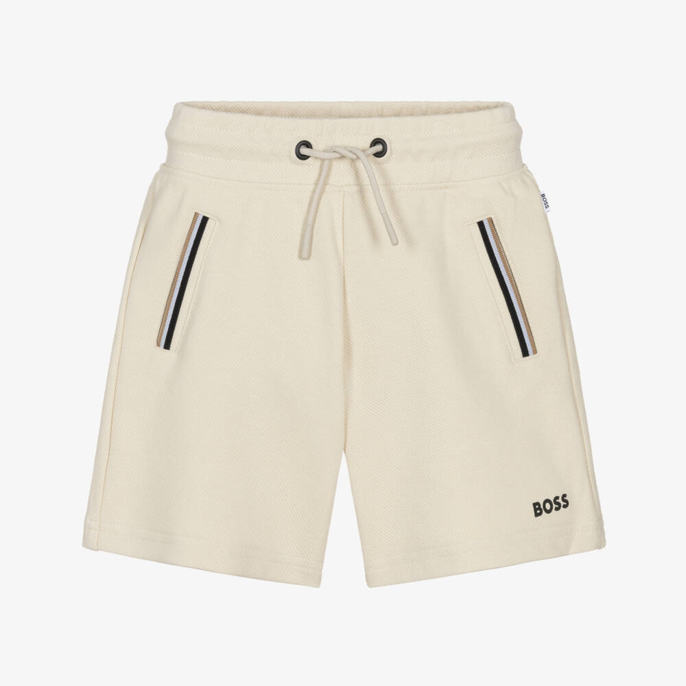 BOSS-Boys Beige Jersey Shorts with Tricolour Trims | Childrensalon