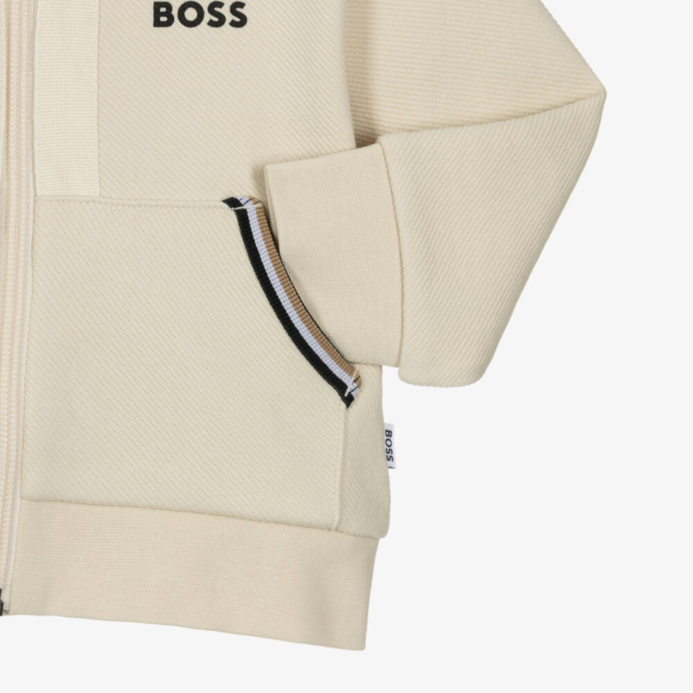 BOSS-Boys Beige Jersey Tracksuit with Tricolour Trims | Childrensalon