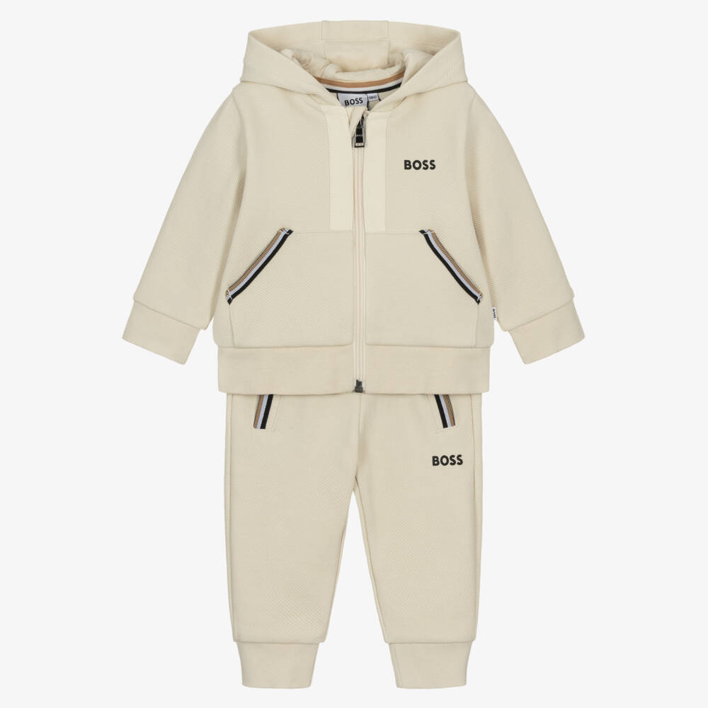 BOSS-Boys Beige Jersey Tracksuit with Tricolour Trims | Childrensalon