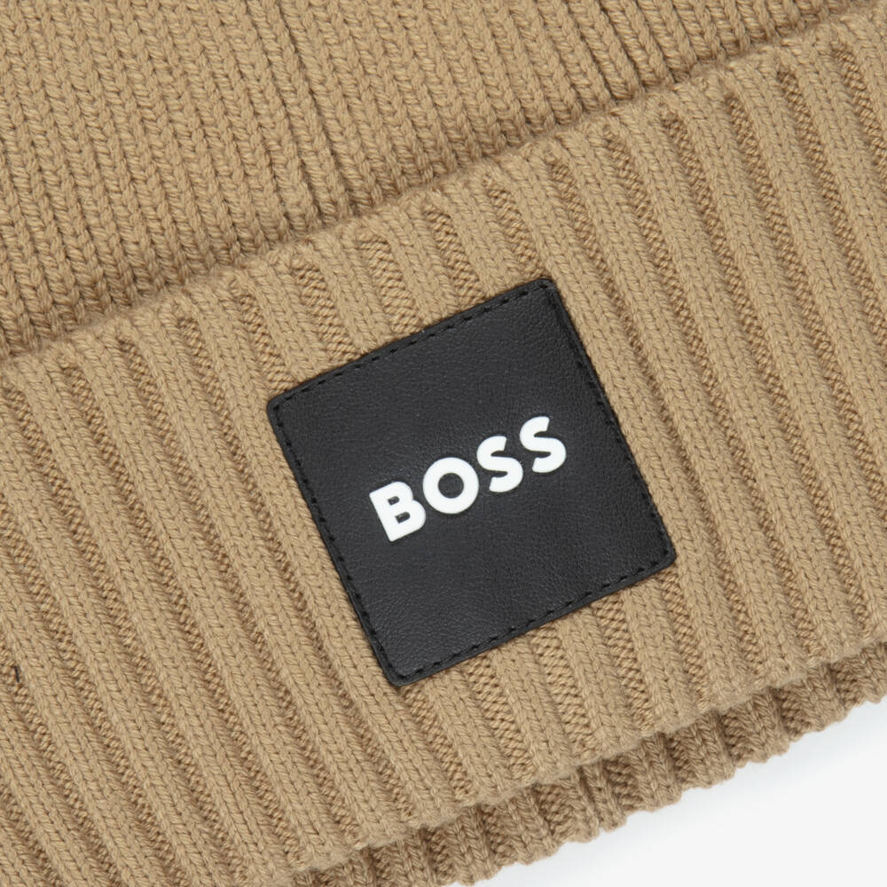 BOSS-Boys Beige Knitted Beanie Hat | Childrensalon