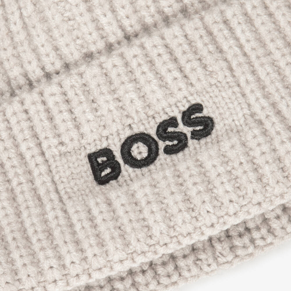 BOSS-Boys Beige Knitted Bobble Hat | Childrensalon