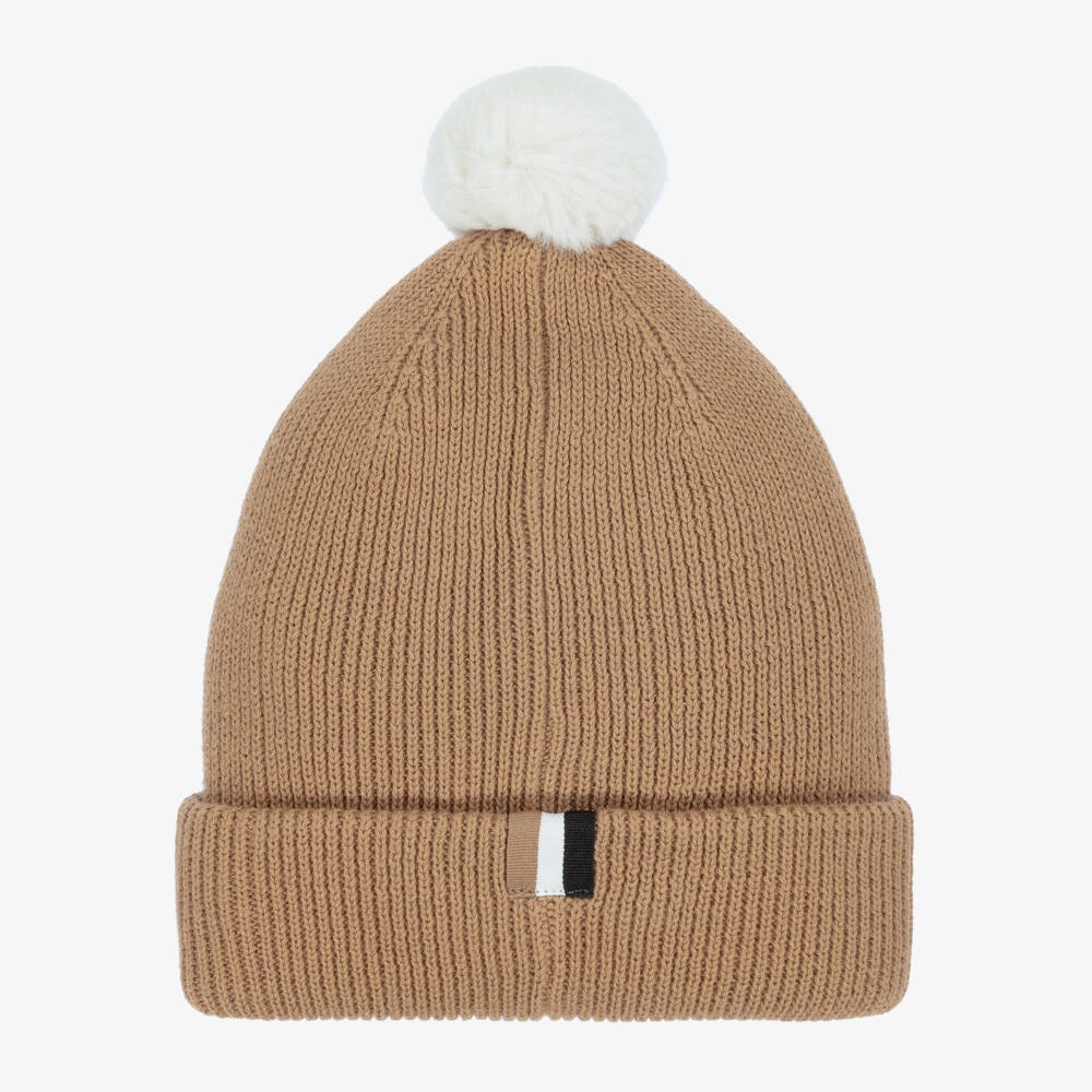BOSS-Boys Beige Knitted Cotton Pom-Pom Hat | Childrensalon