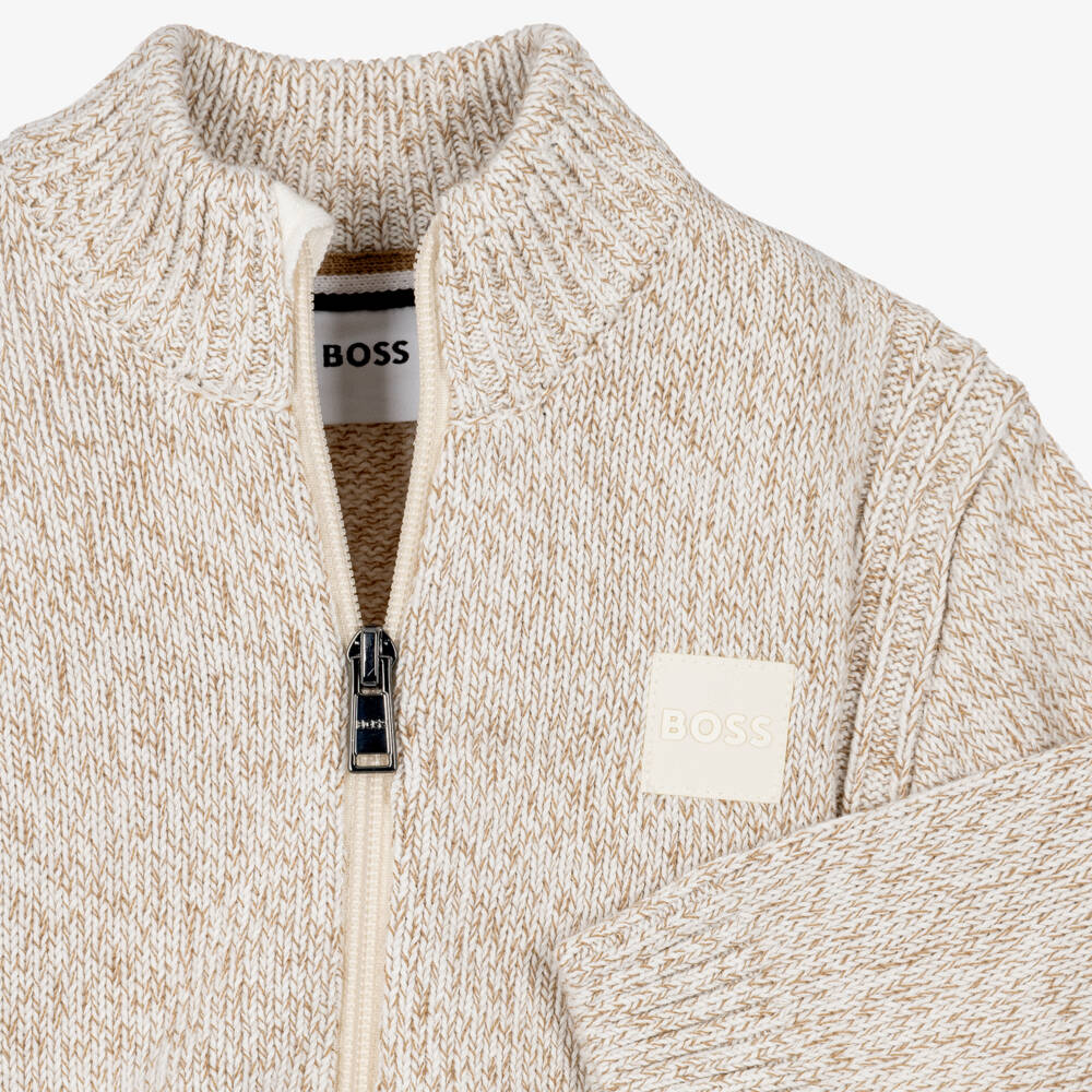 BOSS-Boys Beige Knitted Zip Up Cardigan | Childrensalon