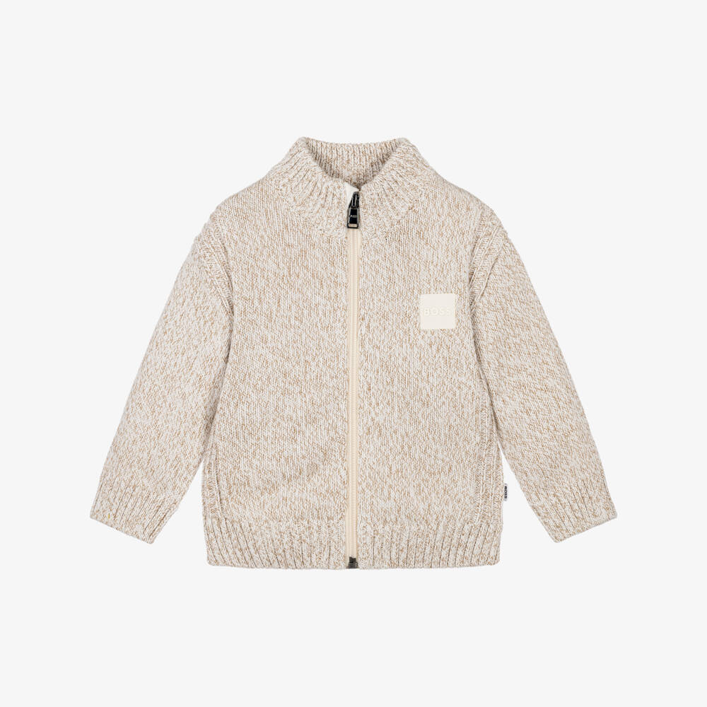 BOSS-Boys Beige Knitted Zip Up Cardigan | Childrensalon
