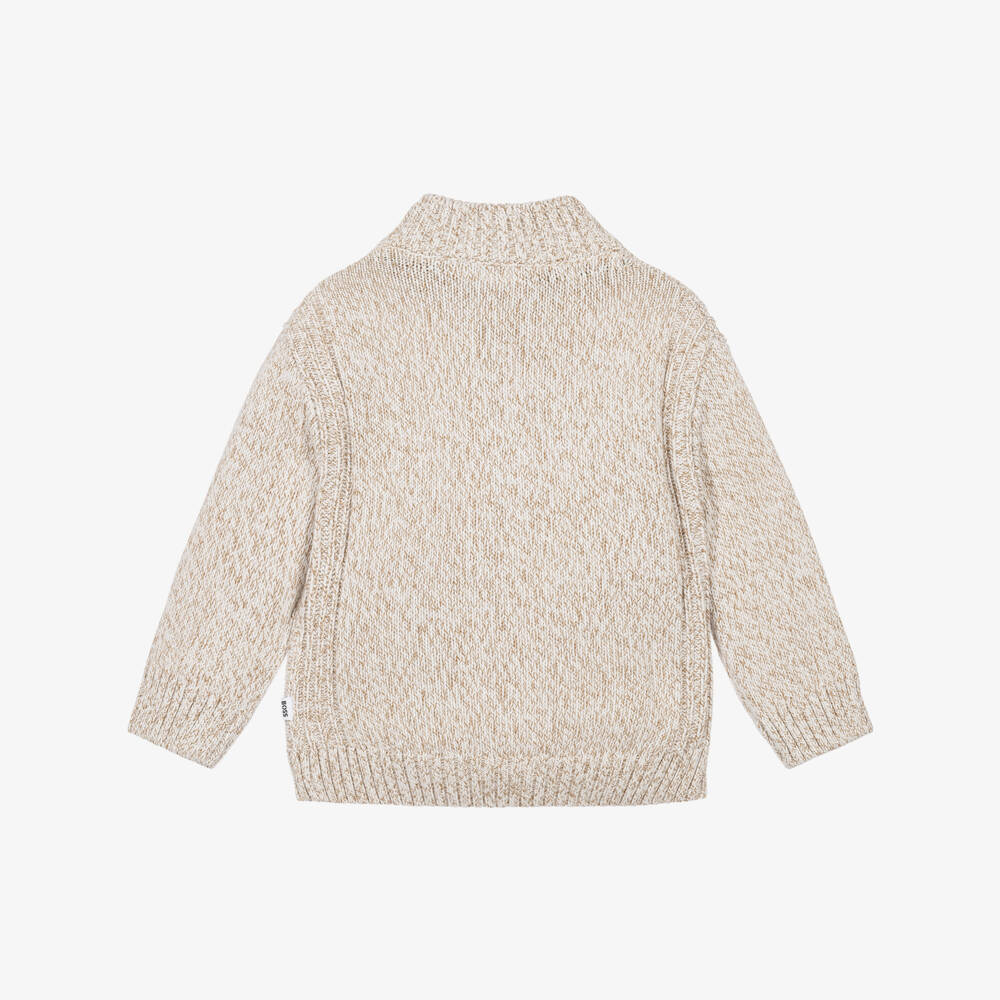 BOSS-Boys Beige Knitted Zip Up Cardigan | Childrensalon