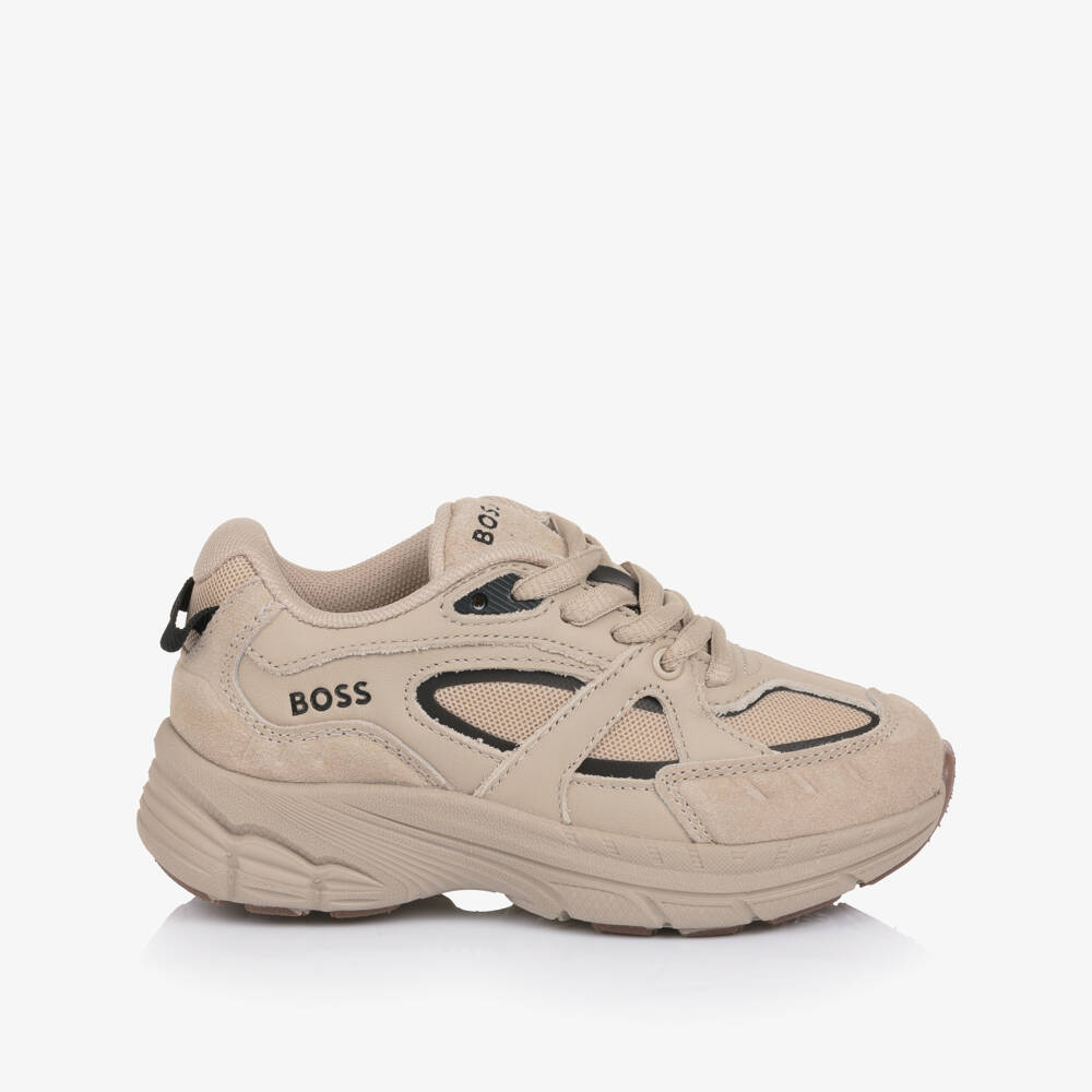 BOSS-Boys Beige Leather & Mesh Logo Trainers | Childrensalon