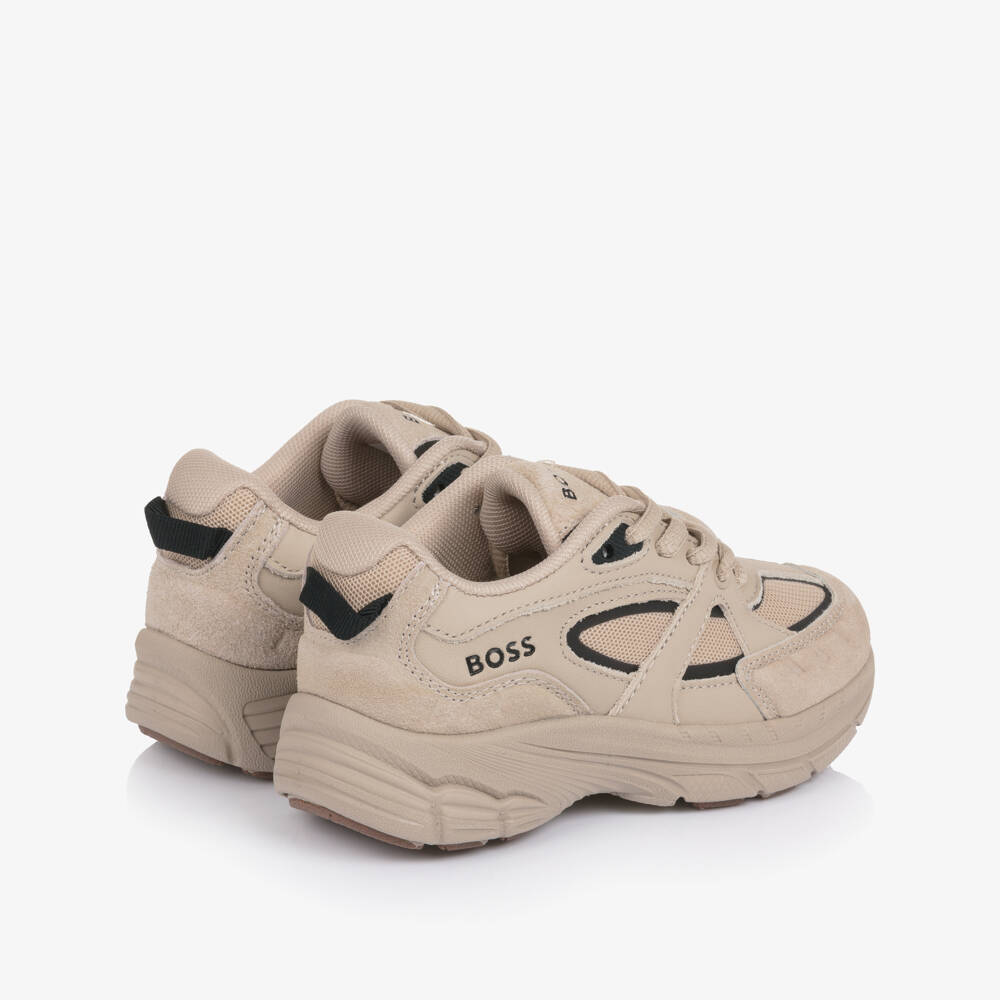BOSS-Boys Beige Leather & Mesh Logo Trainers | Childrensalon