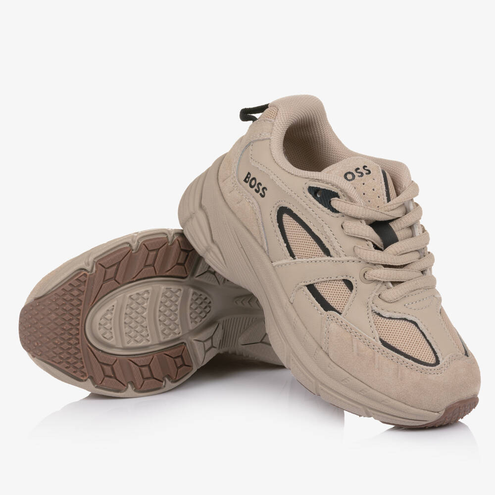 BOSS-Boys Beige Leather & Mesh Logo Trainers | Childrensalon