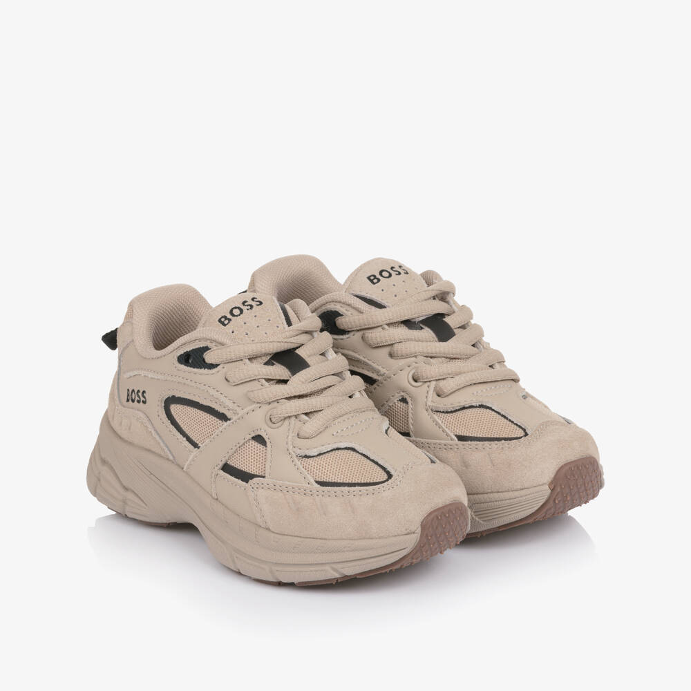BOSS-Boys Beige Leather & Mesh Logo Trainers | Childrensalon