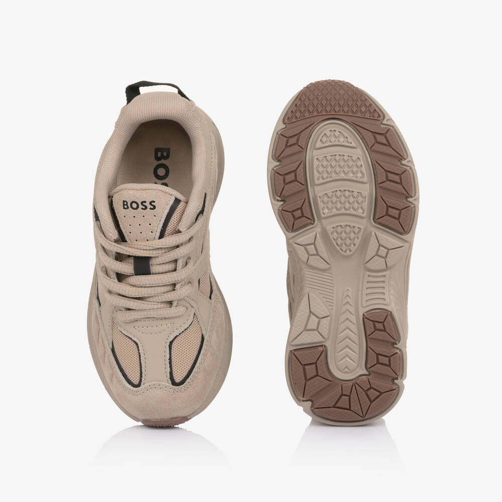 BOSS-Boys Beige Leather & Mesh Logo Trainers | Childrensalon