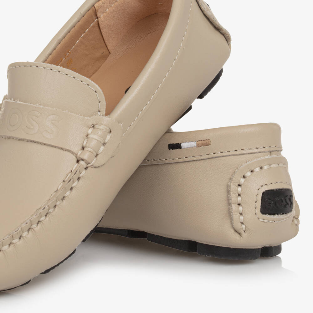 BOSS-Boys Beige Leather Moccasins | Childrensalon