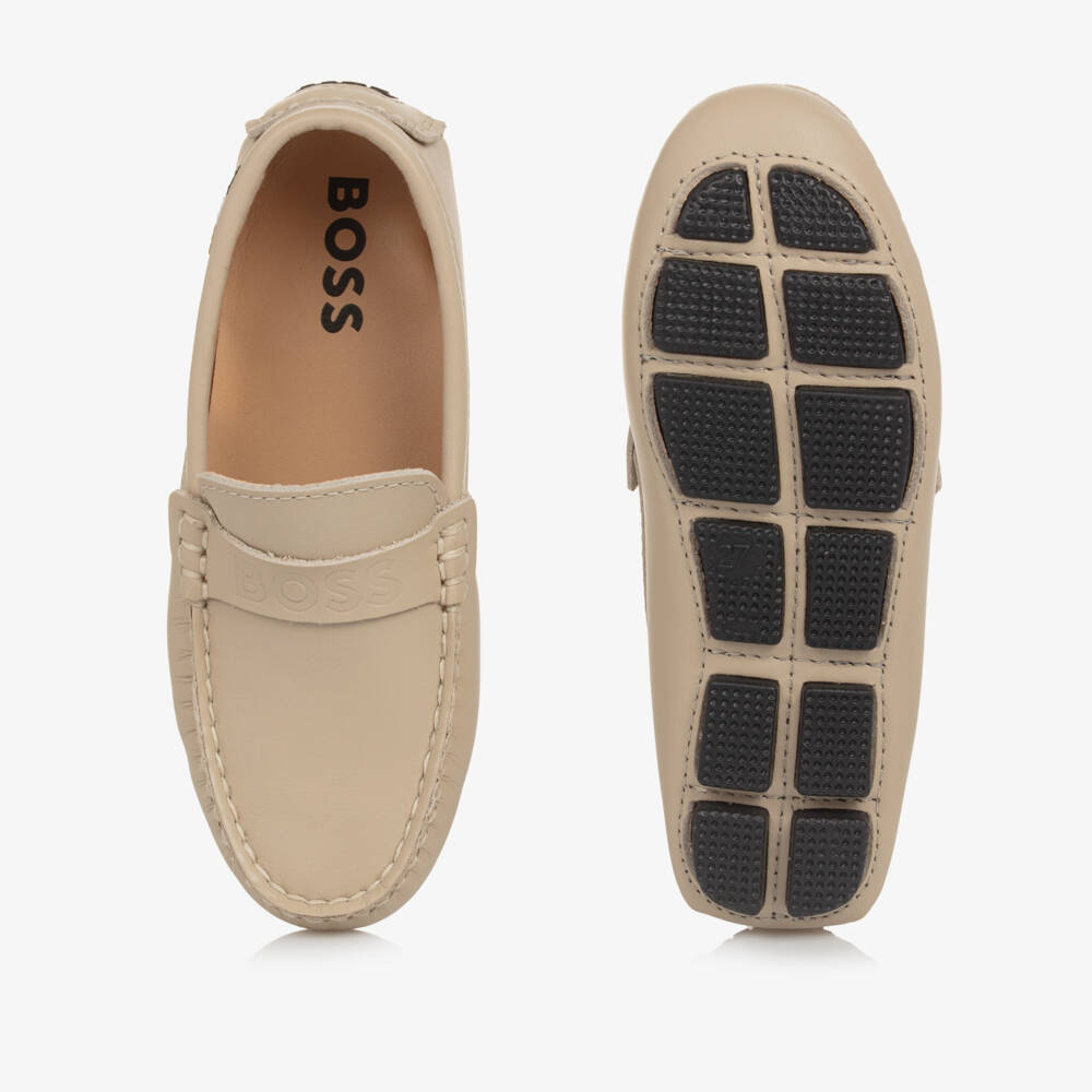 BOSS-Boys Beige Leather Moccasins | Childrensalon