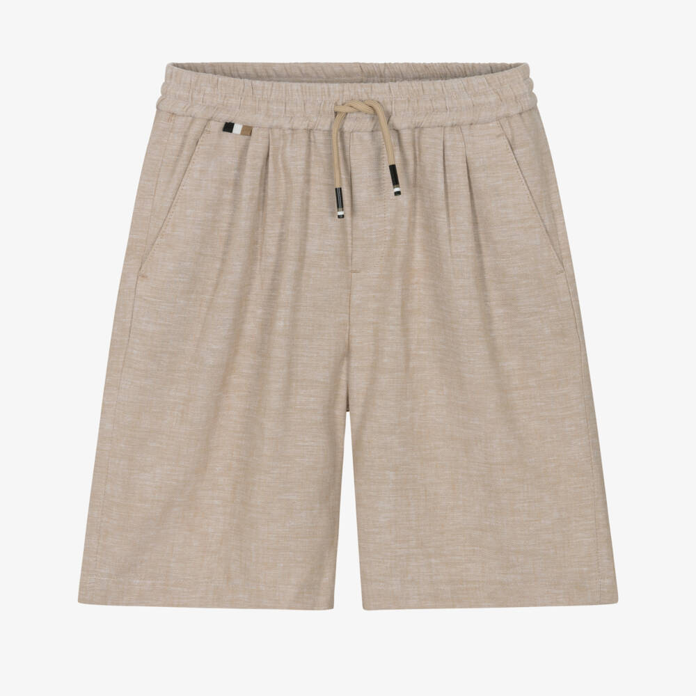 BOSS-Boys Beige Linen Mix Drawstring Shorts | Childrensalon
