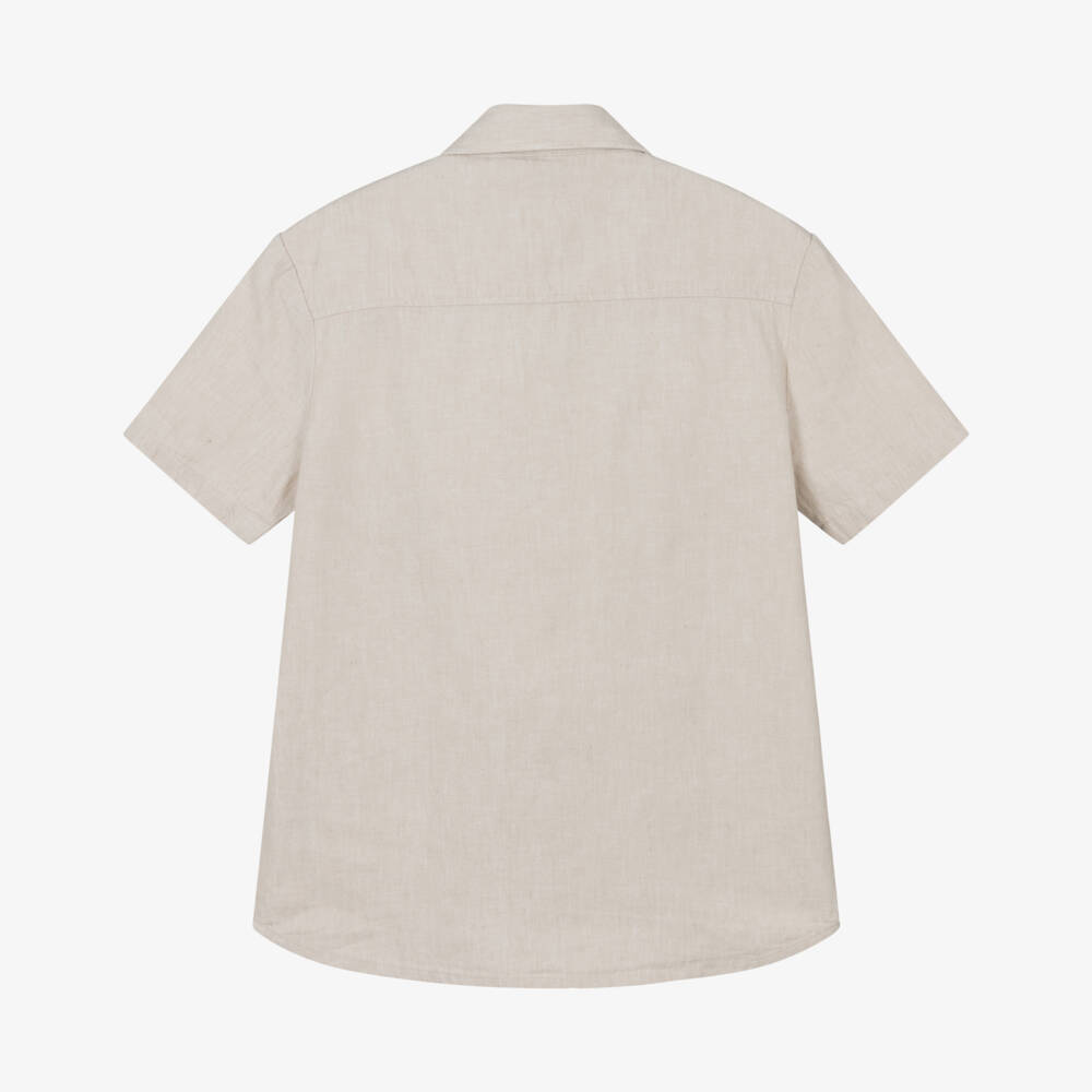 BOSS-Boys Beige Linen Shirt with Pockets & Embroidered Logo | Childrensalon