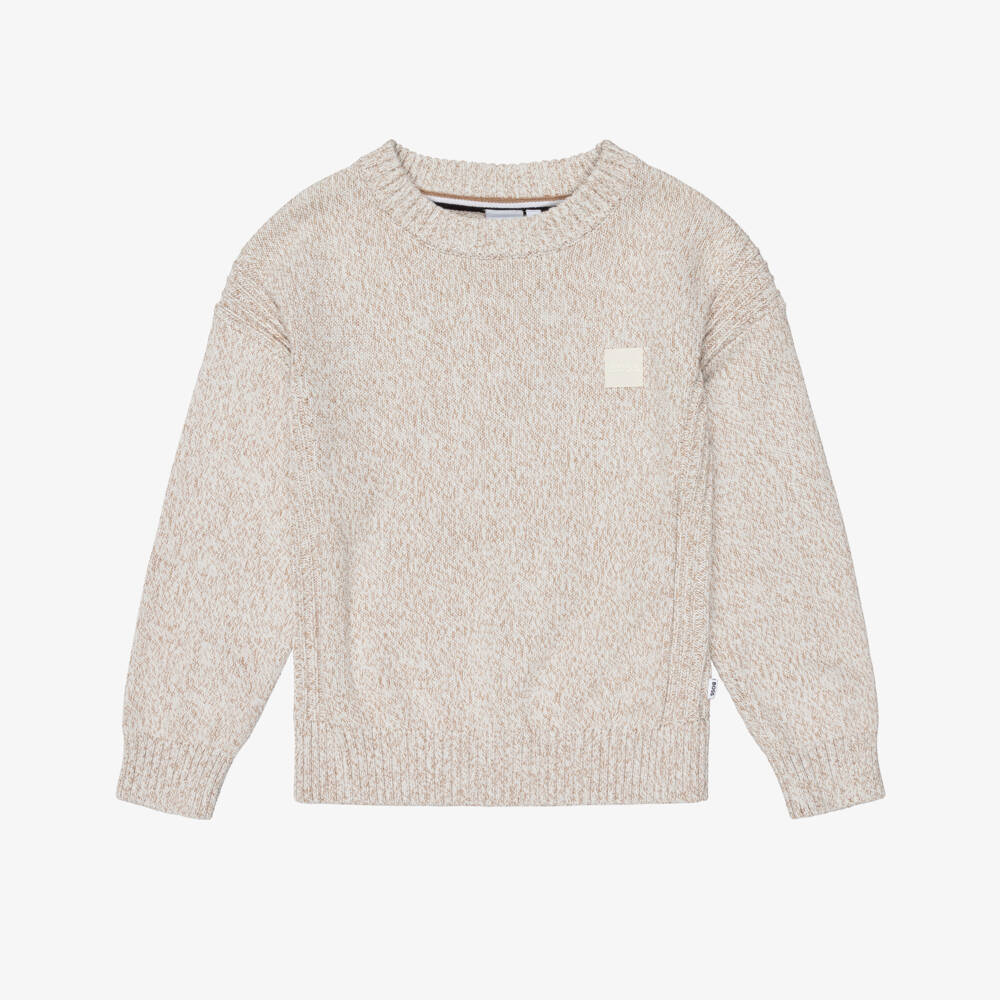BOSS-Boys Beige Marl Cotton-Knit Sweater | Childrensalon