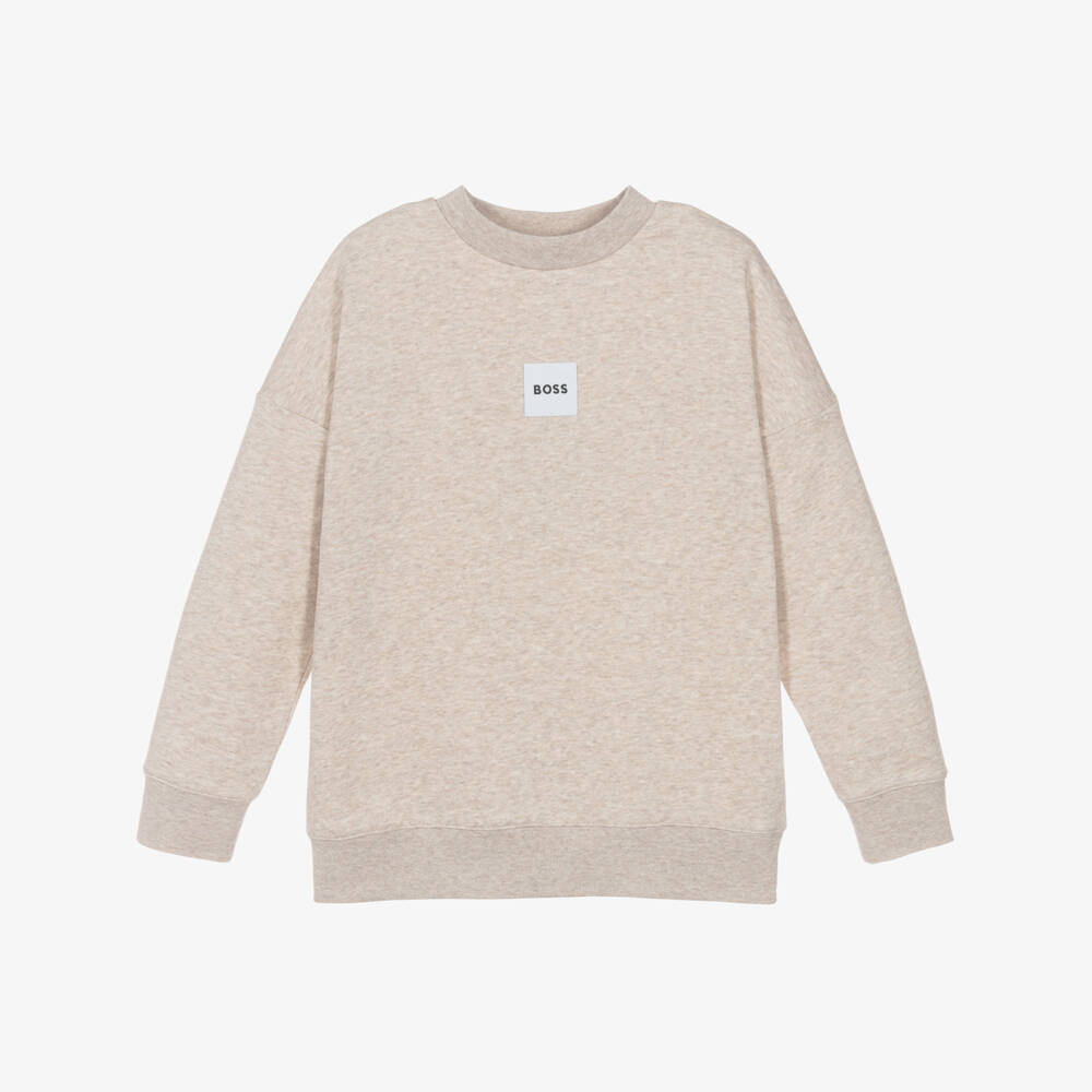 BOSS-Boys Beige Marl Crew Neck Sweatshirt | Childrensalon