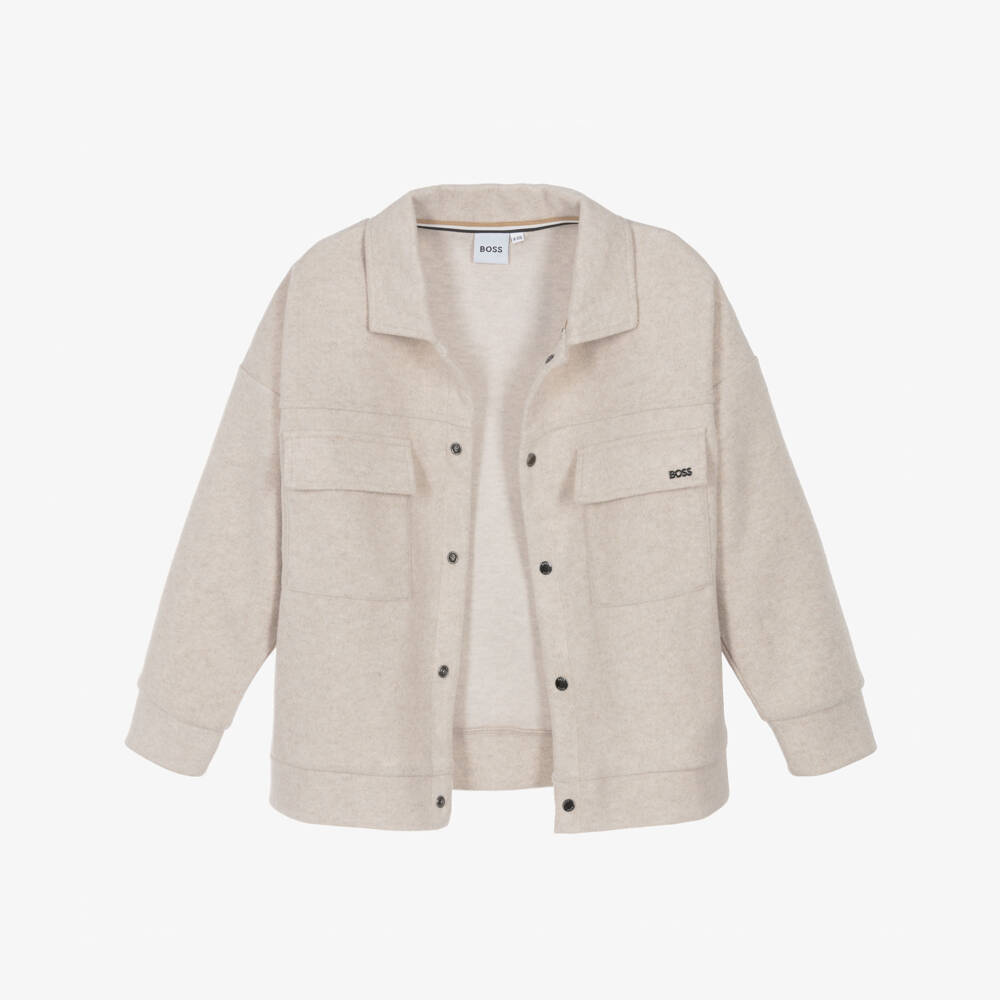 BOSS-Boys Beige Marl Flannel Jersey Jacket with Flap Pockets | Childrensalon