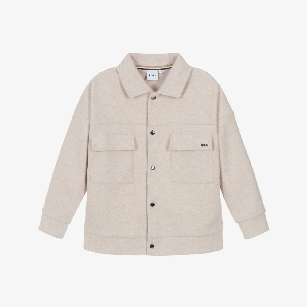 BOSS-Boys Beige Marl Flannel Jersey Jacket with Flap Pockets | Childrensalon