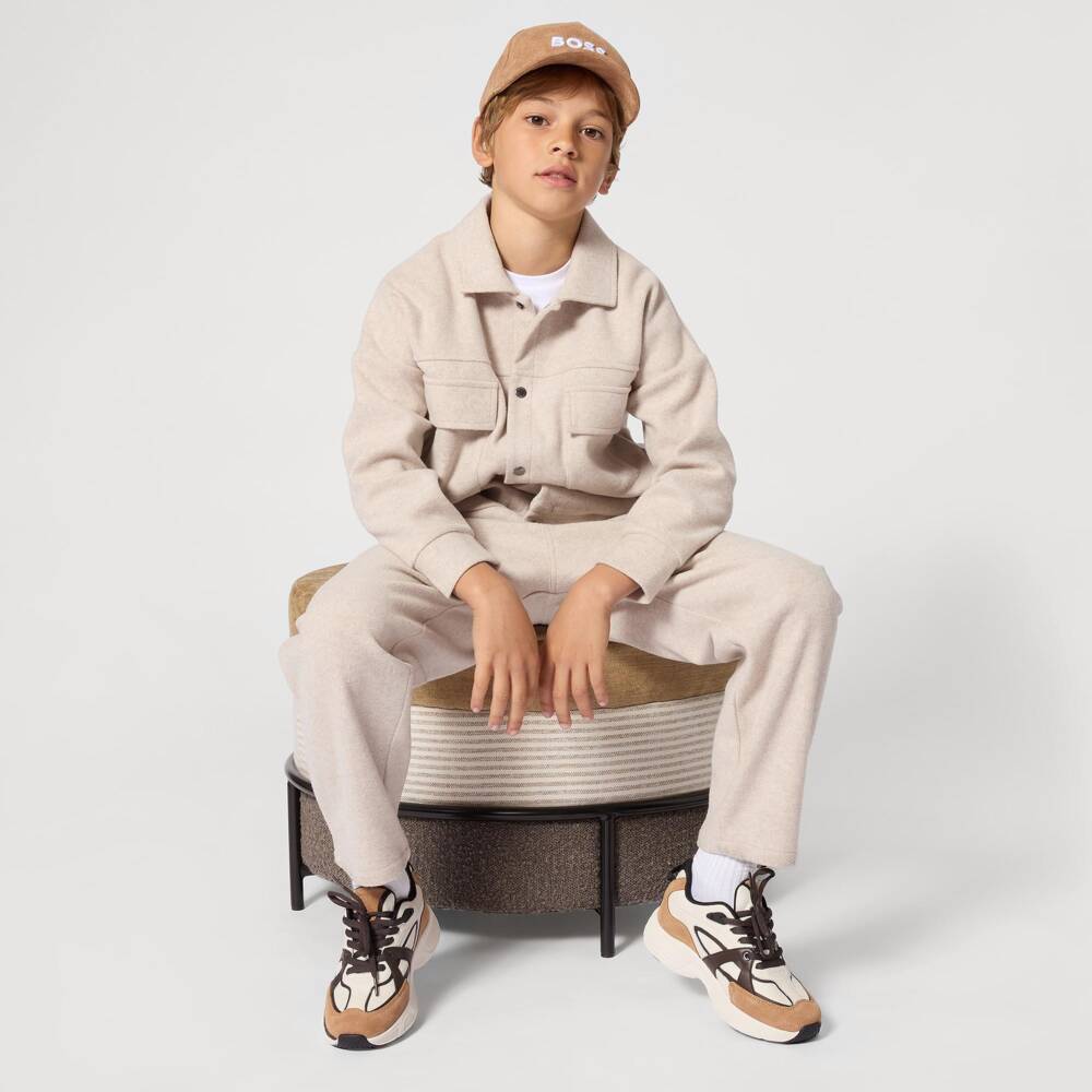 BOSS-Boys Beige Marl Flannel Jersey Jacket with Flap Pockets | Childrensalon