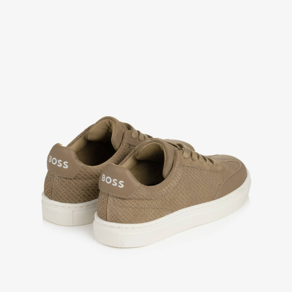 BOSS-Boys Beige Monogram-Embossed Leather Trainers | Childrensalon