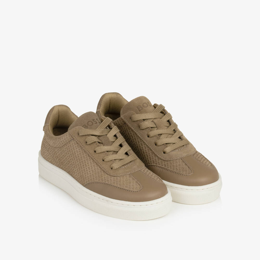 BOSS-Boys Beige Monogram-Embossed Leather Trainers | Childrensalon