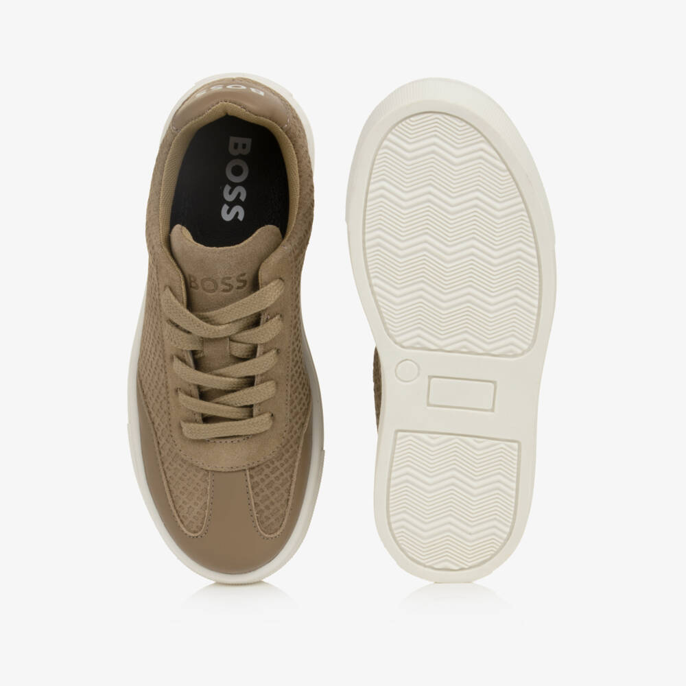 BOSS-Boys Beige Monogram-Embossed Leather Trainers | Childrensalon