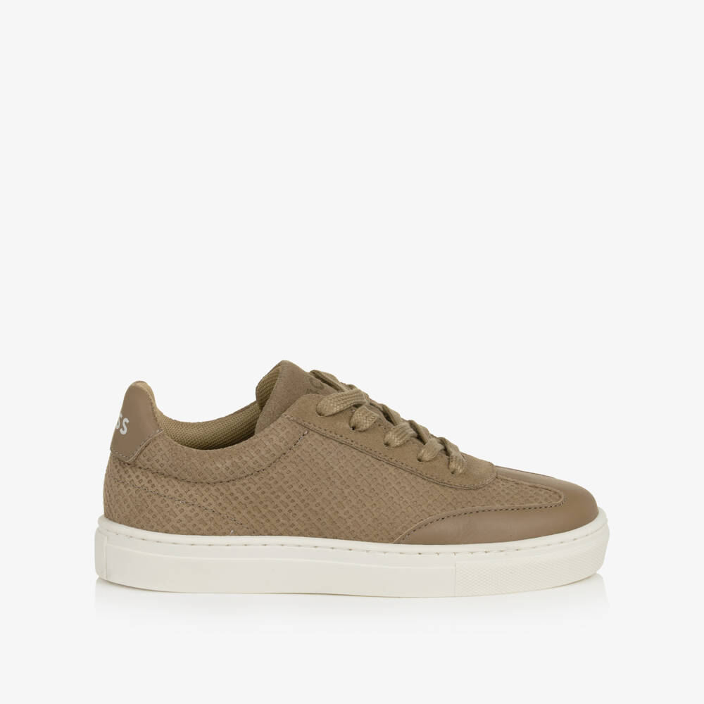 BOSS-Boys Beige Monogram-Embossed Leather Trainers | Childrensalon