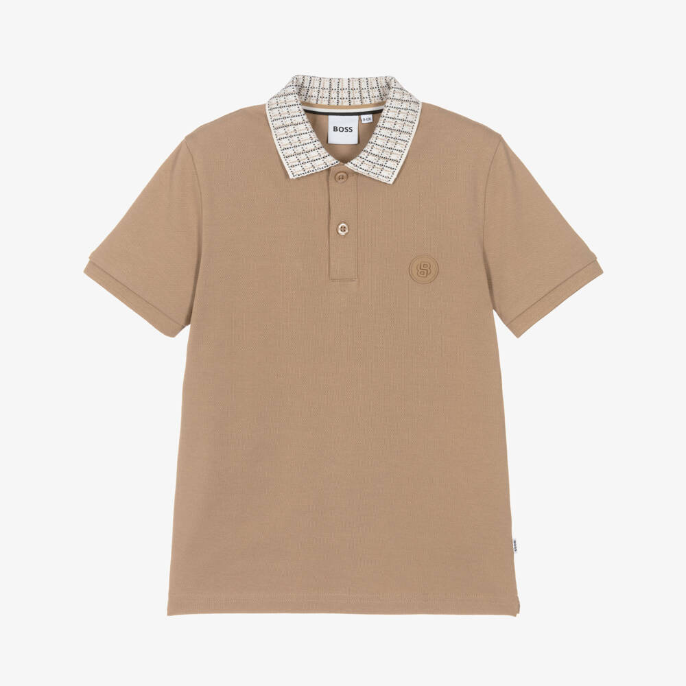 BOSS-Boys Beige Piqué Logo Polo Shirt with Check Collar | Childrensalon