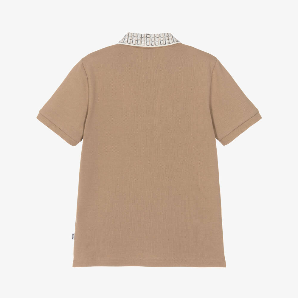 BOSS-Boys Beige Piqué Logo Polo Shirt with Check Collar | Childrensalon