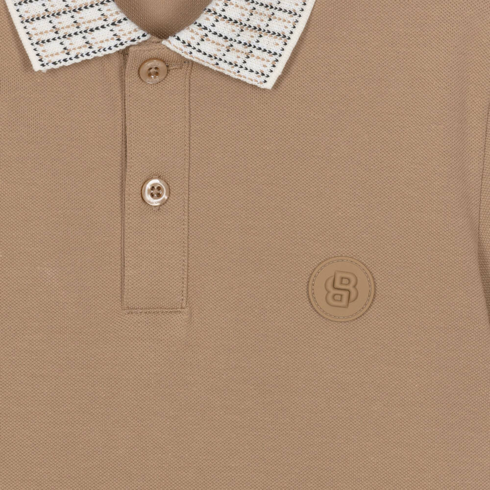 BOSS-Boys Beige Piqué Logo Polo Shirt with Check Collar | Childrensalon