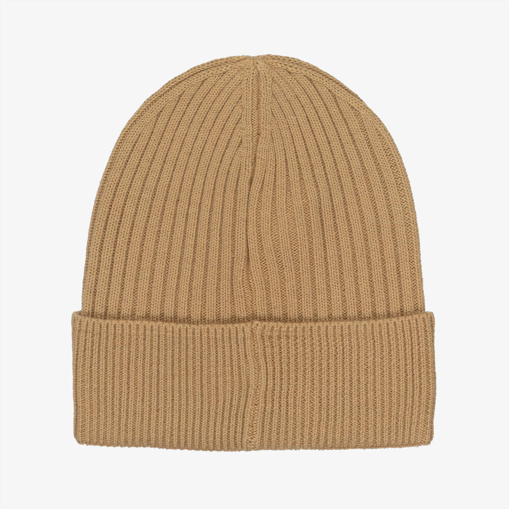 BOSS-Boys Beige Ribbed Knit Beanie Hat | Childrensalon