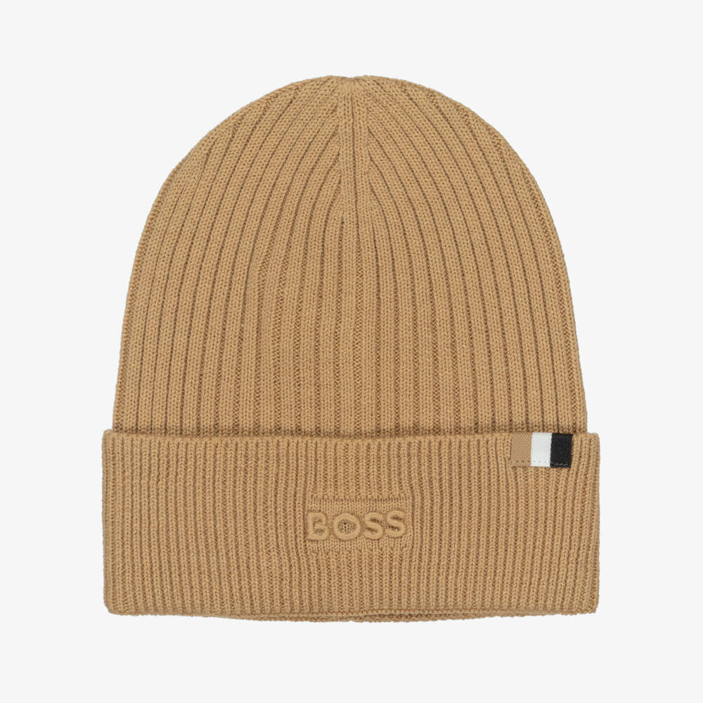 BOSS-Boys Beige Ribbed Knit Beanie Hat | Childrensalon