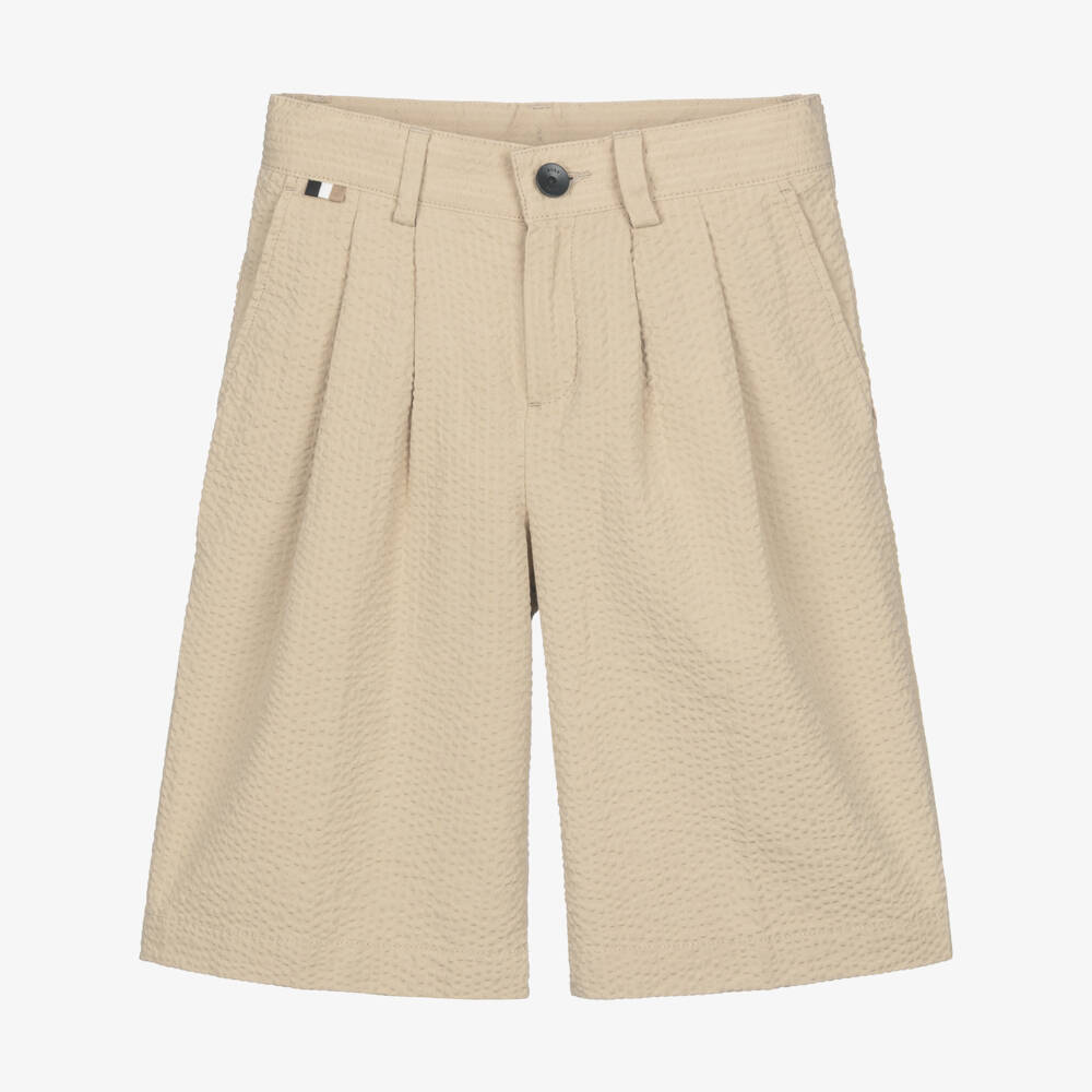 BOSS-Boys Beige Seersucker Bermuda Shorts with Embroidered Logo | Childrensalon